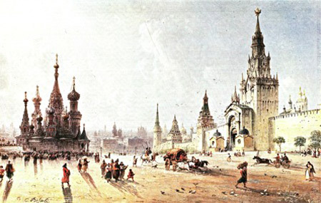 Carlo Bossoli, Der Rote Platz in Moskau, 1857. Links die Basilius-Kathedrale, rechts der
Spasskij-Turm