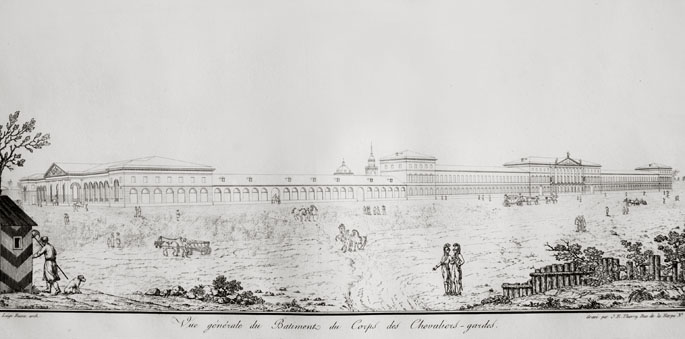 Gesamtansicht der Gebäude für die Gardekavallerie in St. Petersburg, 1803-1806
